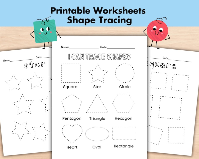 Preschool Shapes Tracing Pages, Printable Preschool Worksheets, Digital Download