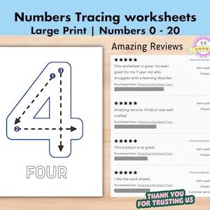 Preschool Numbers Tracing Worksheet, Handwriting Practice, Basic Numbers 0 to 20 Trace Pages Big, Homeschool Workbook, Pre-School Printable