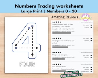 Preschool Numbers Tracing Worksheet, Handwriting Practice, Basic Numbers 0 to 20 Trace Pages Big, Homeschool Workbook, Pre-School Printable