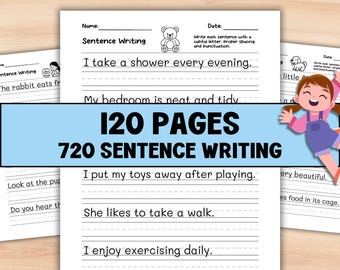 May include: A collection of sentence writing practice pages for children. The pages feature lined spaces for writing, with prompts such as "I take a shower every evening." The text "120 PAGES 720 SENTENCE WRITING" is displayed in a blue banner.