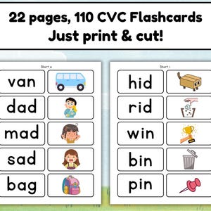 May include: Educational flashcards with CVC words and corresponding images. The cards feature words like "van," "dad," and "mad," alongside illustrations of a bus, a person, and a girl. The text reads "22 pages, 110 CVC Flashcards Just print & cut!"