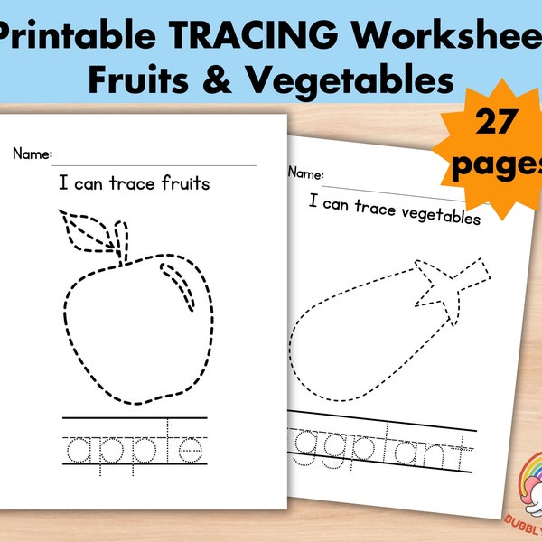 27 Fruits Vegetables Tracing Worksheets,Trace Pages Printable Preschool,Homeschool busy book,Kindergarten Curriculum Learning,PreHandwriting