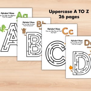 May include: A set of 26 alphabet maze worksheets for kids. Each page features a different uppercase letter and a maze to help children find the matching animal and object. The pages are black and white with brown animal illustrations.