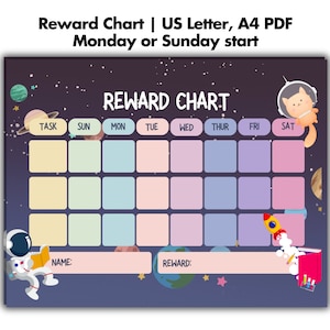 May include: A space-themed printable reward chart with a colorful grid for tracking tasks and a space-themed astronaut and cat illustration. The chart includes the days of the week, a space for a name, and a space for a reward.