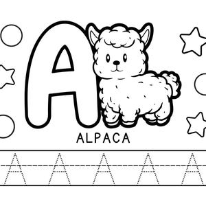 May include: Black and white illustration of the letter A with an alpaca next to it. The word "ALPACA" is written below the letter. There are five dotted lines below the word with the letter A drawn on each line.
