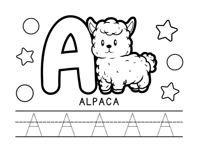 May include: Black and white illustration of the letter A with an alpaca next to it. The word "ALPACA" is written below the letter. There are five dotted lines below the word with the letter A drawn on each line.