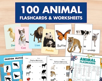 100枚のリアルフォト動物フラッシュカード（子供向け）、モンテッソーリ幼児向けアクティビティ（印刷可能）、並べ替えマッチングワークシート、幼稚園学習セットバンドル