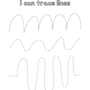 Peut inclure: Une feuille de travail noir et blanc avec le texte "I can trace lines" en haut. La feuille de travail comporte trois rang&eacute;es de lignes pointill&eacute;es &agrave; tracer.