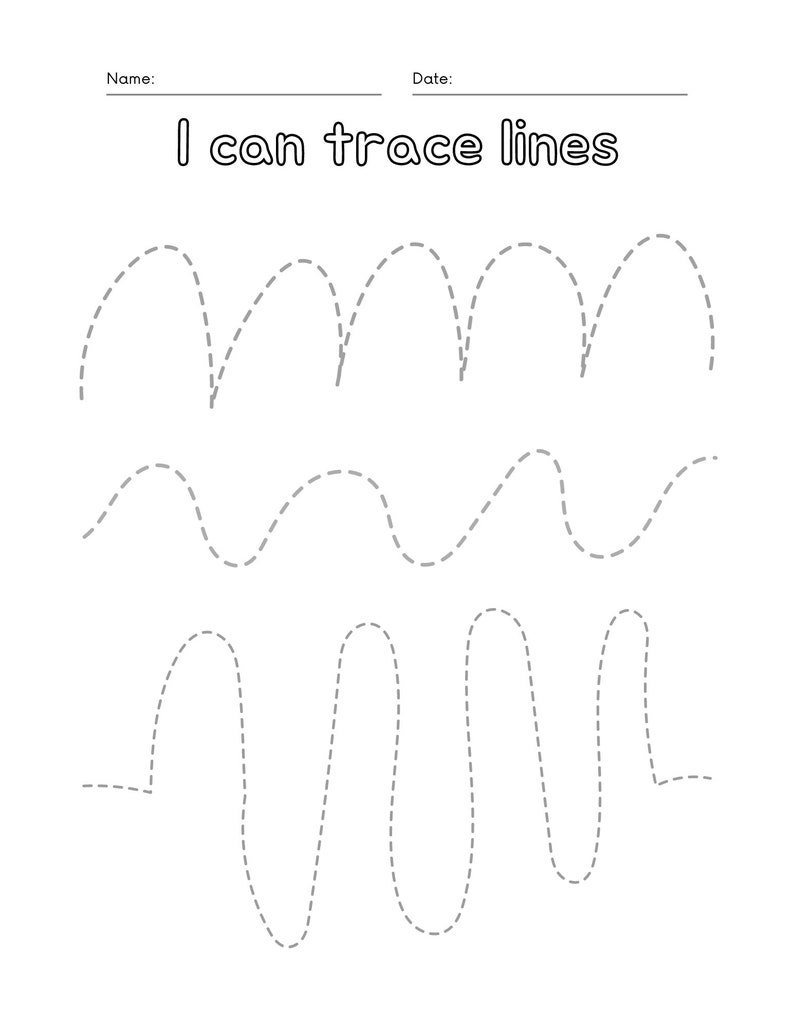 Peut inclure: Une feuille de travail noir et blanc avec le texte "I can trace lines" en haut. La feuille de travail comporte trois rang&eacute;es de lignes pointill&eacute;es &agrave; tracer.