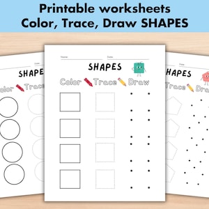 May include: Three white printable worksheets for children. The worksheets feature the text "Color, Trace, Draw SHAPES". Each worksheet has shapes to color, trace, and draw. The shapes include circles, squares, and pentagons.