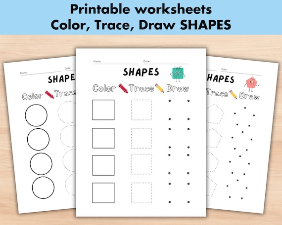 Printable Draw the Shape, Learn Shapes, Shape Tracing, Shape Drawing, Shape Coloring, Shape Practice Sheets, Geometric Shapes Activity