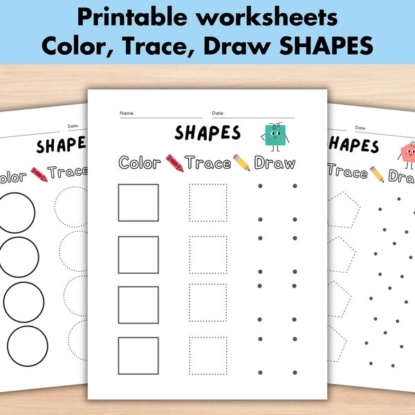 10 Printable Draw the Shape, Learn Shapes, Shape Tracing, Shape Drawing, Shape Coloring, Shape Practice Sheets, Geometric Shapes Activity