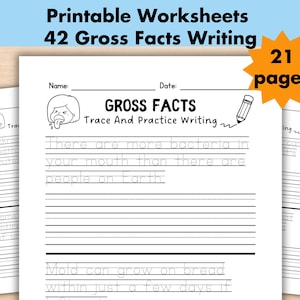 Op de afbeelding: Zwart-witte printbare werkbladen voor het traceren en oefenen van schrijven. De werkbladen bevatten een cartoonfiguur met een uitstekende tong en de tekst "GROSS FACTS Trace And Practice Writing". Er zijn in totaal 21 pagina's.