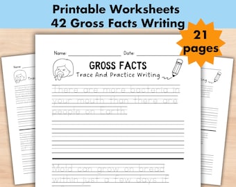 Puede incluir: Hojas de trabajo imprimibles en blanco y negro para trazar y practicar la escritura. Las hojas de trabajo presentan un personaje de dibujos animados con la lengua fuera y el texto "GROSS FACTS Trace And Practice Writing". Hay 21 páginas en total.