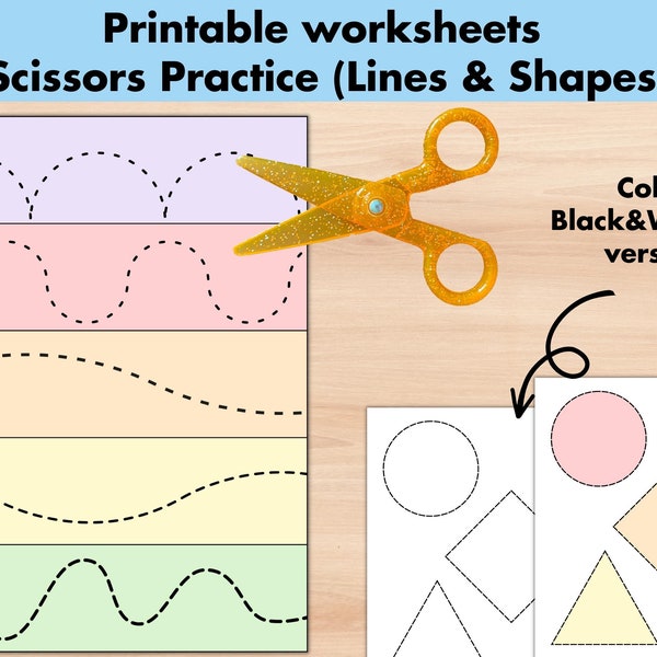 Scissors Skills Cutting Practice Sheets, Printable Preschool Shapes Lines Worksheets, Homeschool Kindergarten Pre-k Activities