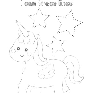 Peut inclure: Une feuille de travail imprimable en noir et blanc avec des lignes pointill&eacute;es &agrave; tracer. La feuille de travail repr&eacute;sente une licorne avec une corne, une aile et une queue. Il y a trois &eacute;toiles avec des lignes pointill&eacute;es &agrave; tracer. Le texte "I can trace lines" est en haut de la page.