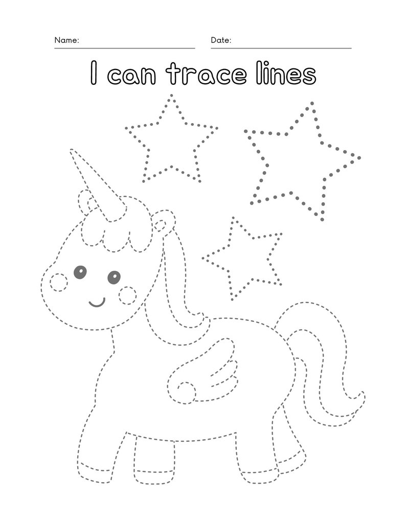 Peut inclure: Une feuille de travail imprimable en noir et blanc avec des lignes pointill&eacute;es &agrave; tracer. La feuille de travail repr&eacute;sente une licorne avec une corne, une aile et une queue. Il y a trois &eacute;toiles avec des lignes pointill&eacute;es &agrave; tracer. Le texte "I can trace lines" est en haut de la page.