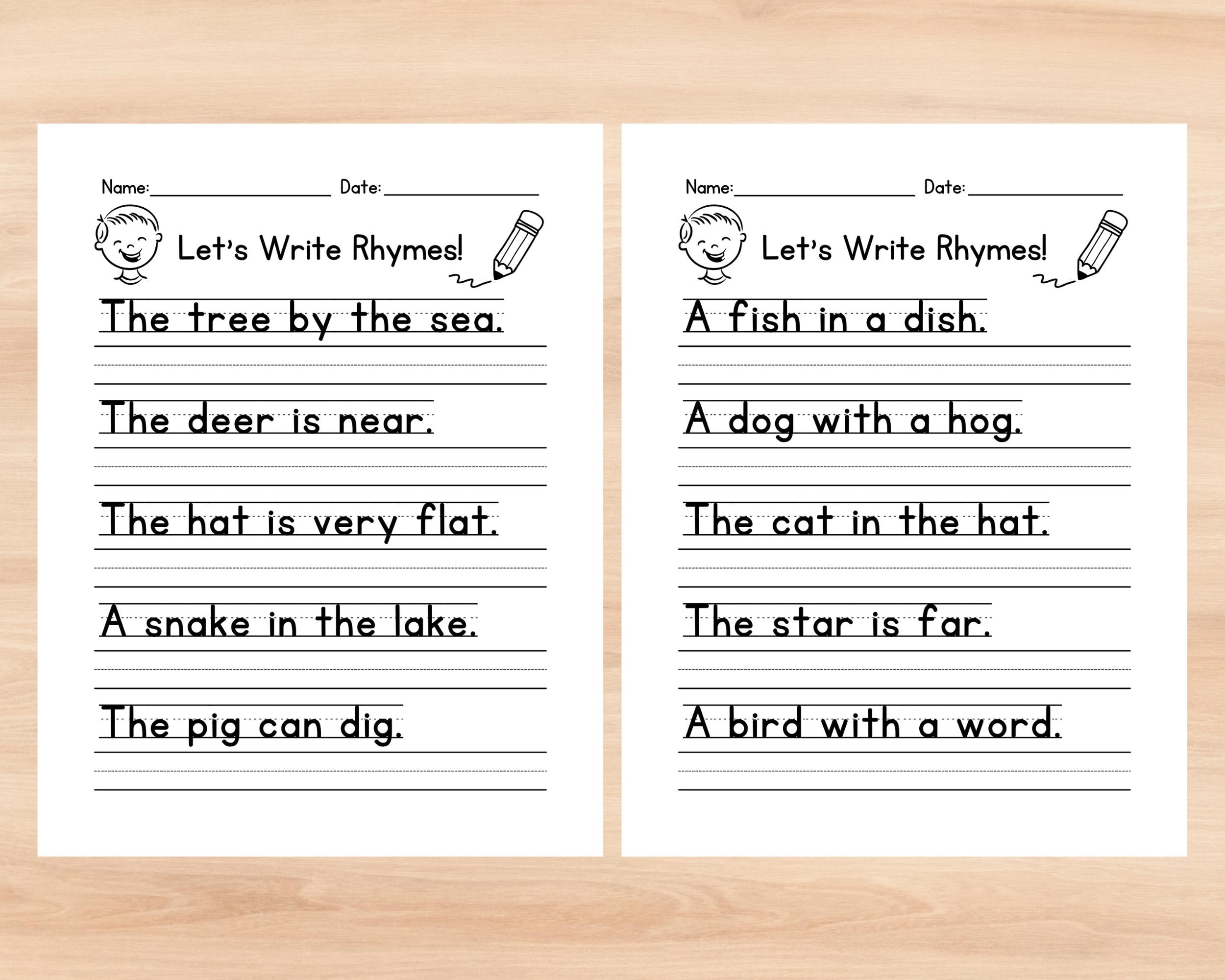 Sentences With Rhyming Rhyme Sentence Writing Worksheet, Write the Sentence, Printable ...