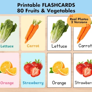 May include: Printable flashcards featuring real photos of fruits and vegetables. The flashcards include images of lettuce, carrots, oranges, and strawberries. The text on the flashcards reads "Lettuce", "Carrot", "Orange", and "Strawberry".