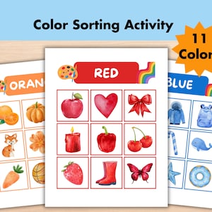 Könnte beinhalten: Farbsortieraktivität für Kinder mit 11 Farben. Die Karten zeigen Bilder von Objekten in Rot, Orange, Blau, Grün, Gelb, Lila, Braun, Rosa, Schwarz, Weiß und Grau.