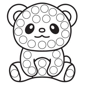 May include: A black and white line drawing of a panda bear with a pop-it design. The panda is sitting with its legs crossed and has a cute expression on its face.