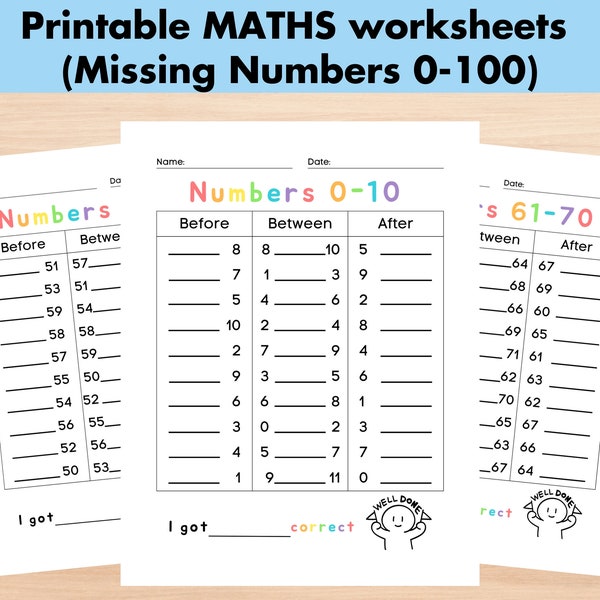 Maths Missing Numbers Worksheets 0-100 Printable, Preschool Math, Number Order Practice Skip Counting Homeschool Material, Learning Numbers