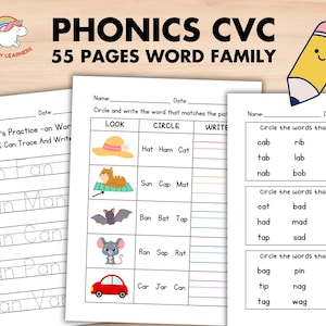 Phonics CVC Word Family Worksheet Bundle, Homeschool Kindergarten Preschool Reading Practice Learning Activity Rhyming Writing Printable