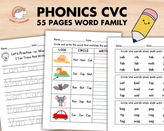 Phonics CVC Word Family Worksheet Bundle, Homeschool Kindergarten Preschool Reading Practice Learning Activity Rhyming Writing Printable