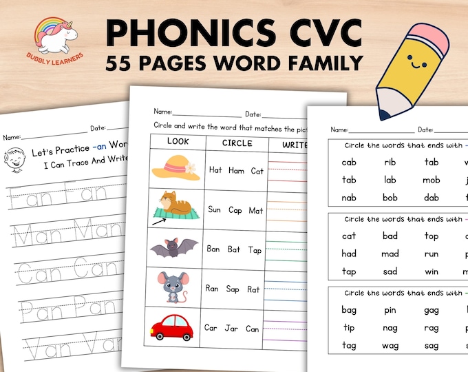 Phonics CVC Word Family Worksheet Bundle, Homeschool Kindergarten ...