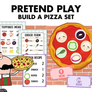 Op de afbeelding: Een kleurrijke speelgoed pizza set met een pizza, een topping menu, een bestelformulier en speelgeld. De pizza heeft verschillende toppings, waaronder champignons, olijven en paprika's. De set bevat de tekst "PRETEND PLAY BUILD A PIZZA SET."