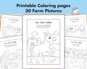 30 páginas para colorear de animales de granja para niños, página para colorear de la granja, hojas de animales de granja, libro para colorear para niños, fiesta de cumpleaños de animales, preescolar kawaii