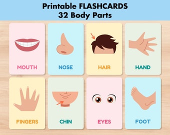 32 Body Parts Flashcards, Printable Montessori Flash Cards,Pre-School Cards Learning, Educational Back to School Nomenclature Activity Toys