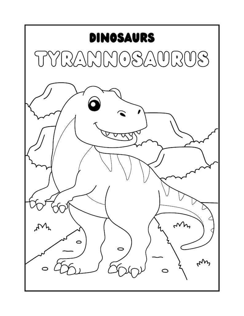 May include: A black and white line drawing of a Tyrannosaurus Rex dinosaur. The dinosaur is standing on a grassy hill with a mountain in the background. The text "DINOSAURS" and "TYRANNOSAURUS" is at the top of the page.