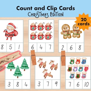 Tarjetas imprimibles de Navidad para contar y recortar, números del 1 al 10, actividades de matemáticas preescolares, tarjetas Montessori, material de aprendizaje temprano