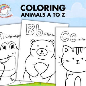 大きなABCぬり絵、幼稚園向け動物アルファベット週替わりカラーワークシート、幼児向け文字学習アクティビティ（印刷可能）、初めてのABCブック