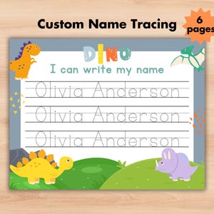 Hoja de seguimiento de nombre personalizado de dinosaurio Hoja de trabajo de práctica de escritura a mano de seguimiento de nombre personalizado Página imprimible Niños PreK Niño pequeño Escritura de nombre