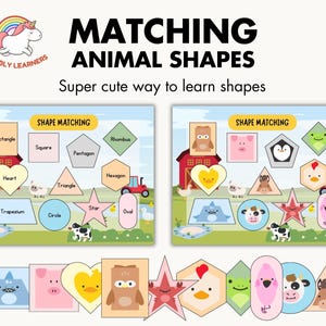 Puede incluir: Una hoja de trabajo educativa imprimible para que los niños aprendan formas haciendo coincidir diferentes formas de animales con formas geométricas. La hoja de trabajo presenta una escena de granja con un granero rojo, animales y un tractor. Las formas incluyen un rectángulo, un cuadrado, un pentágono, un rombo, un corazón, un hexágono, un triángulo, una estrella, un trapecio, un círculo y un óvalo.