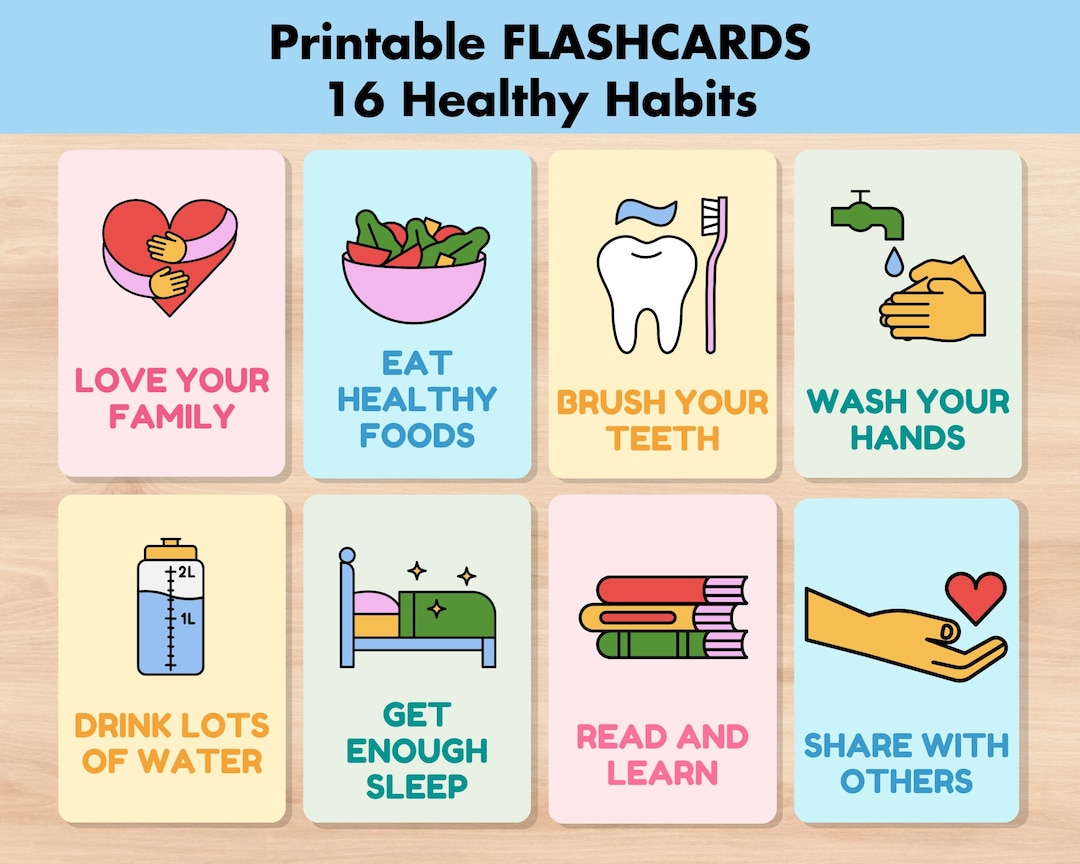 16 Healthy Habits Lifestyle Flashcards, Printable Montessori Flash ...