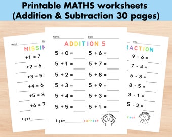 May include: A printable worksheet for kids to practice addition and subtraction. The worksheet has two sections, one for addition and one for subtraction. The addition section has the title "Addition 5" and the subtraction section has the title "Subtraction". The worksheet is designed to help kids learn basic math skills.