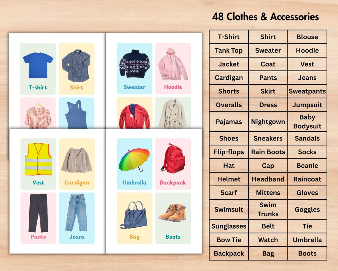 48 Printable Clothes Flashcards for Kids With Real Photos, Clothing and ...