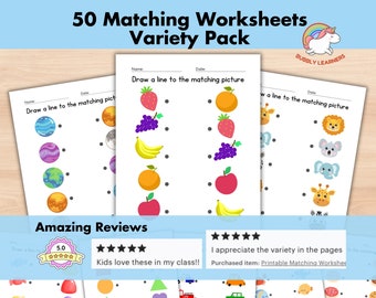 50 Printable Matching Worksheets, Match the Picture, Kindergarten Preschool Activity, Busybook, Educational Pages, Teaching resources