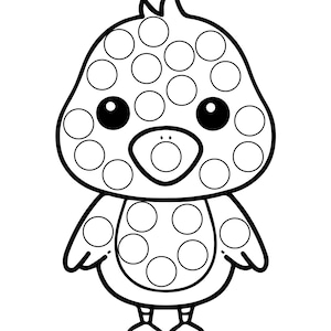 May include: A black and white line drawing of a cartoon chick with a dotted pattern. The chick has a beak, eyes, and feet.