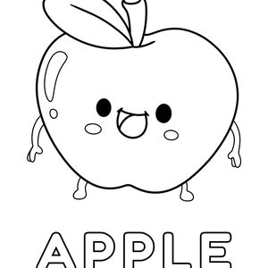 May include: A black and white line drawing of a smiling apple with a leaf on top. The word "APPLE" is written below the apple.