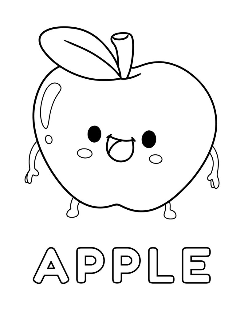 May include: A black and white line drawing of a smiling apple with a leaf on top. The word "APPLE" is written below the apple.