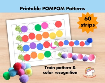 60 Printable Pom Pom Patterns Activity Cards,Kindergarten Preschool Activity, Busybook, Special Needs,Toddler quiet time,Montessori Learning