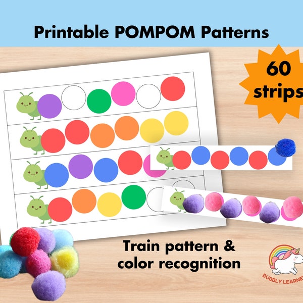 60 Printable Pom Pom Patterns Activity Cards,Kindergarten Preschool Activity, Busybook, Special Needs,Toddler quiet time,Montessori Learning