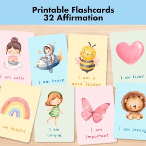 32 Karty afirmacji dla dzieci do wydrukowania Pozytywne afirmacje Montessori Flashcards Karty motywacyjne Zdrowie psychiczne Lęk Akwarela