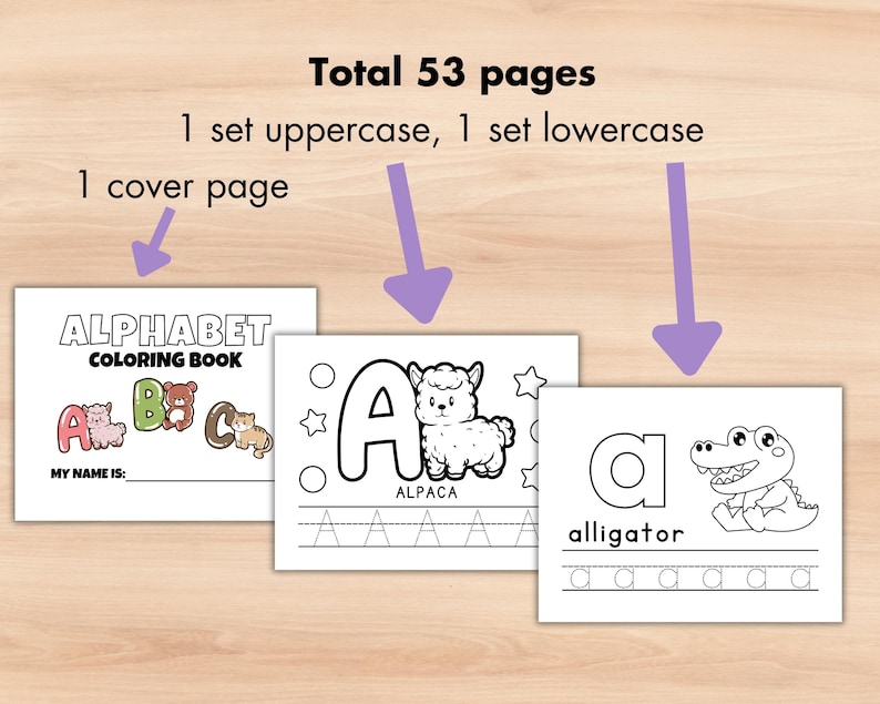 May include: Black and white alphabet coloring book with 53 pages, including a cover page, uppercase letters, and lowercase letters. Each page features a letter, an animal, and a line for tracing the letter.