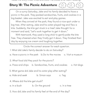 May include: A black and white worksheet with the title "The Picnic Adventure". The worksheet has a story about a family having a picnic in the park and a series of multiple choice questions about the story.