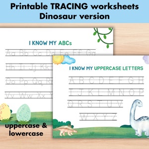 Hojas de trazo del alfabeto de dinosaurios para practicar la escritura a mano, hojas de trabajo imprimibles digitales del alfabeto en mayúsculas y minúsculas para preescolar, trazo del alfabeto ABC